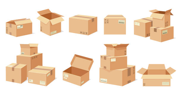 Cardboard boxes set Cardboard boxes set. Collection of packages for transporting goods. Shipping and transportation. Delivery of parcels or postal service. Cartoon flat vector illustrations isolated on white background cardboard box stock illustrations