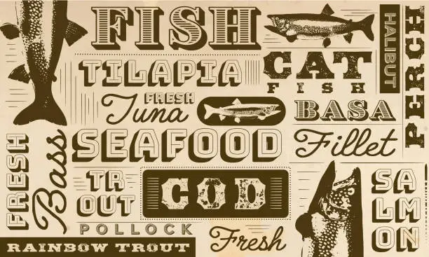 Vector illustration of Fish pattern in vintage or old fashioned worn newspaper style layout design template for packaging and products