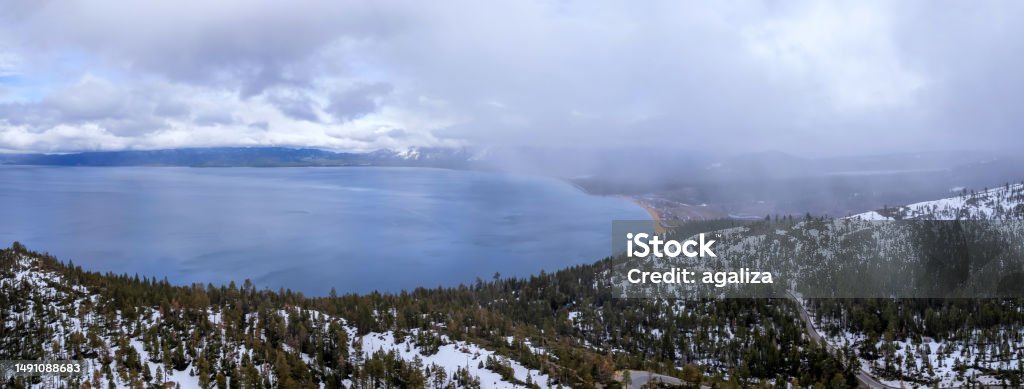 Aerial view of East Lake Tahoe by Incline Village on a cloudy day Adventure Stock Photo