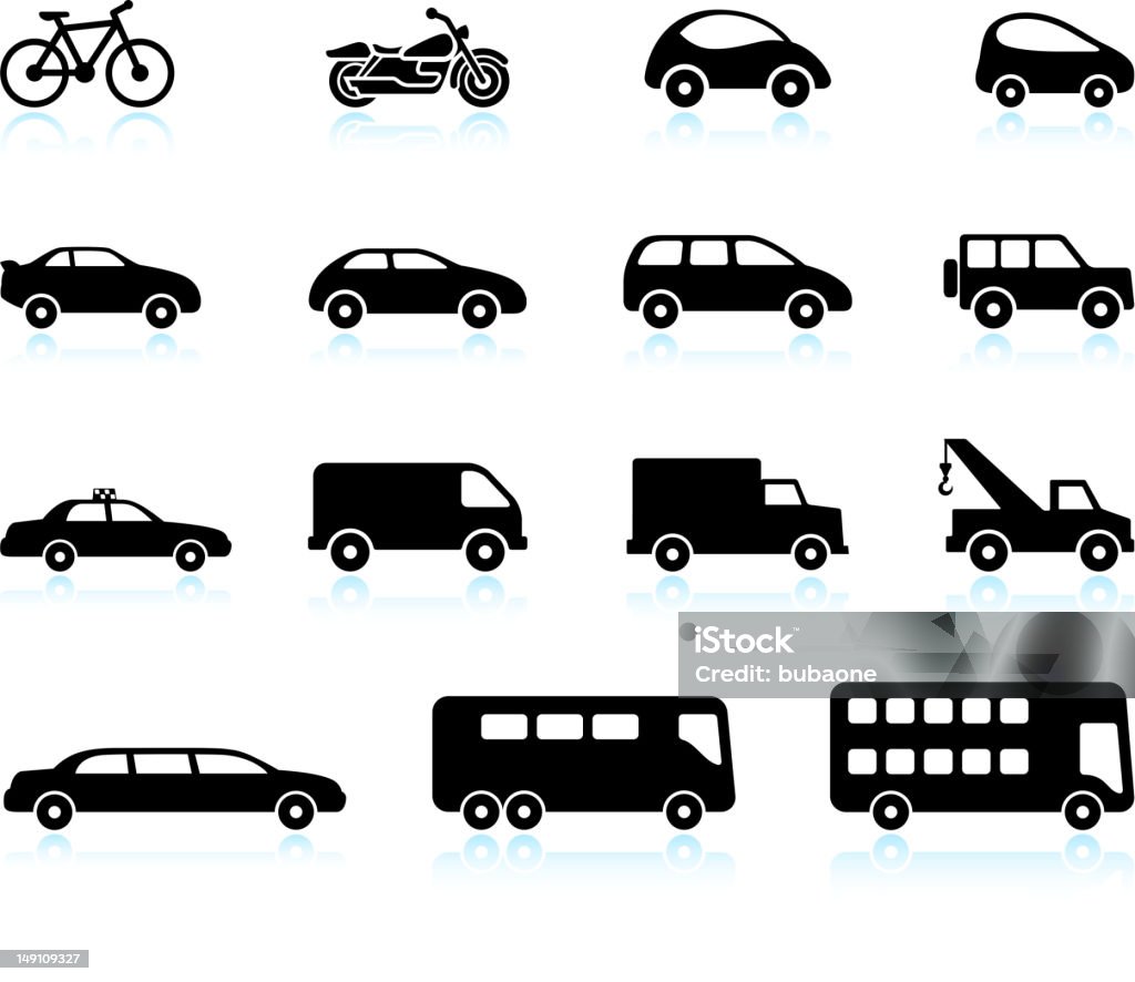 Transporte de veículos preto e branco royalty free vector Conjunto de ícones - Vetor de Veículo todo-terreno royalty-free