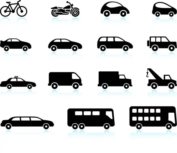 Vector illustration of Transportation Vehicles black and white royalty free vector icon set