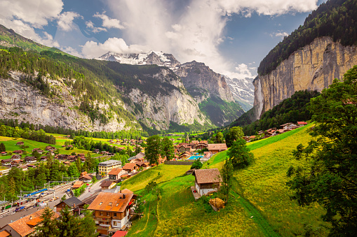Lauterbrunnen valley located in the Swiss Alps near Interlaken in the Bernese Oberland of Switzerland, also known as the Valley of waterfalls. Viewed from the alpine village of Wengen.