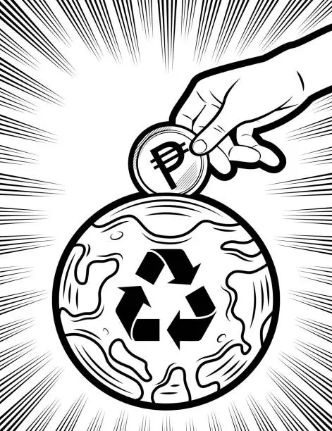 Vector illustration of A human hand putting money into the planet Earth with a recycling symbol in the background with radial manga speed lines, the concept of sustainable business, growing a clean Eco Earth fund, and environmental protection