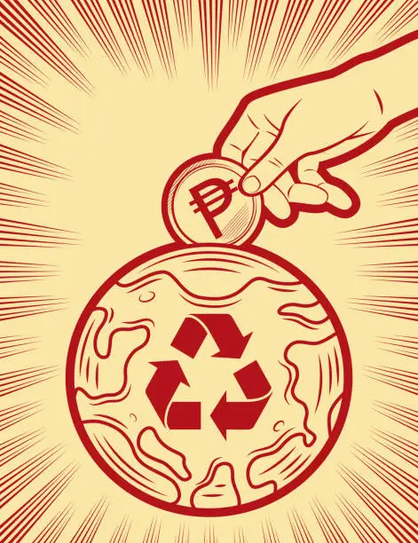 Vector illustration of A human hand putting money into the planet Earth with a recycling symbol in the background with radial manga speed lines, the concept of sustainable business, growing a clean Eco Earth fund, and environmental protection