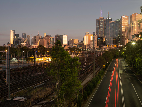 Melbourne skyline and train network early morning