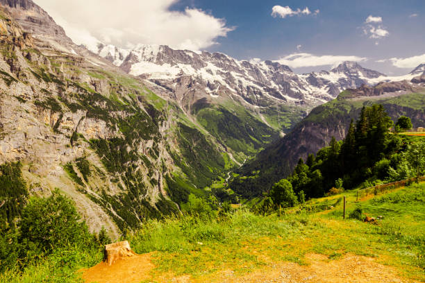 스위스 알프스. 스위스. 아이거(eiger), 묀히(mönch), 융프라우(jungfrau) 산. 라우터브루넨. 베른 주. 인터 ��라 켄. - jungfrau region berne canton valais canton eiger 뉴스 사진 이미지