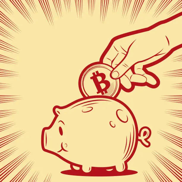 Vector illustration of A human hand putting money into a piggy bank in the background with radial manga speed lines
