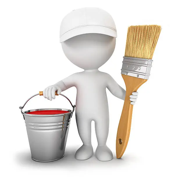 3d white people with brush , paint bucket and cap, isolated white background, 3d image
