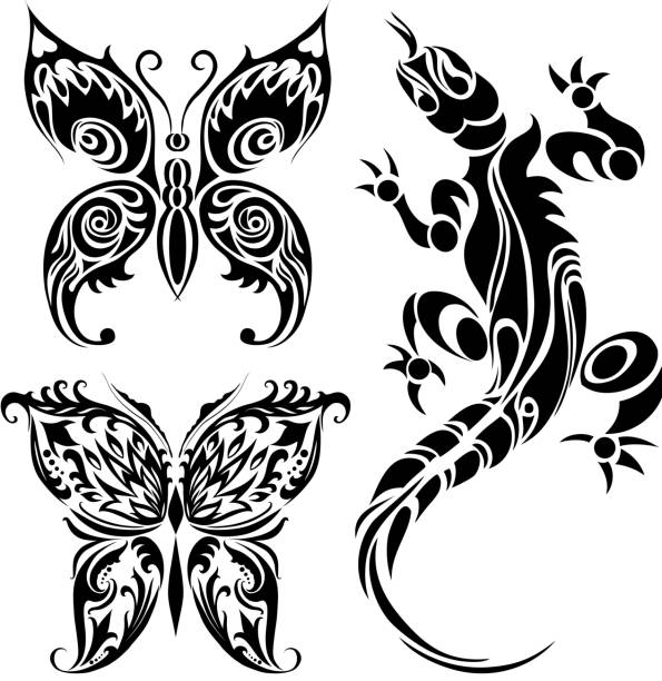 Tattoo drawings of butterflies and lizard Vector illustration of tattoo drawings of butterflies and lizard butterfly tattoo stencil stock illustrations