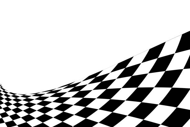 Wavy race flag or chessboard texture. Black and white checkered pattern warped in perspective. Motocross, rally, sport car or chess game competition background. Vector illustration