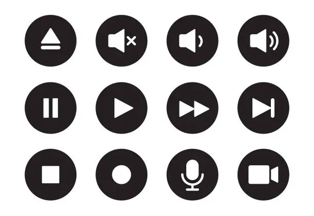 Vector illustration of Audio, video, music player button icon. Sound control, play, pause button solid icon set. Camera, media control, microphone interface pictogram.  Vector