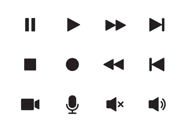 Vector illustration of Audio, video, music player button icon. Sound control, play, pause button solid icon set. Camera, media control, microphone interface pictogram.  Vector