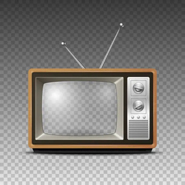 Vector illustration of Vector 3d Realistic Retro Wooden TV Receiver Icon with Transparent Screen Closeup Isolated. Home Interior Design Concept. Vintage TV Frame, Television, Front View