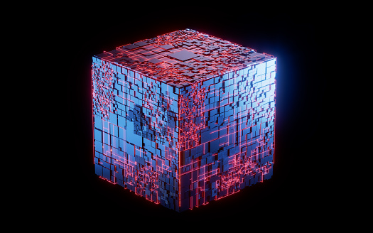Abstract technology cube construction, 3d rendering. Digital drawing.