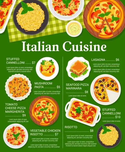 Vector illustration of Italian cuisine menu food pasta, pizza and risotto