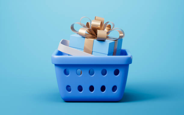 istock Gift box and shopping basket, 3d rendering. 1491115001