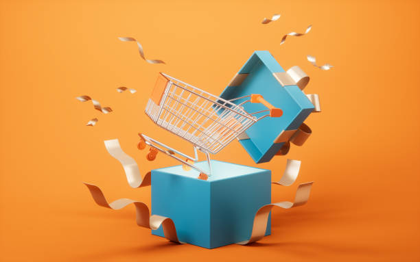 Gift box and shopping cart, 3d rendering.