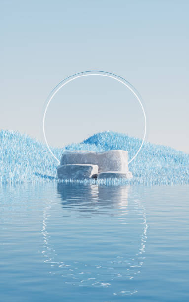 istock Rock product stage with blue grassland and lakes, 3d rendering. 1491115530