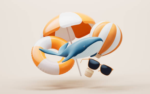 istock Blue whale with resort relaxation, 3d rendering. 1491115584