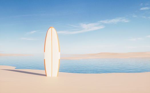 Surfboard at the beach, 3d rendering. Digital drawing.