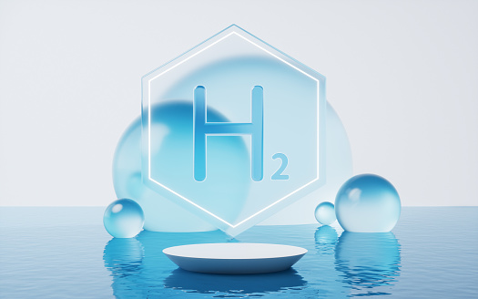 Hydrogen and water surface, 3d rendering. Digital drawing.