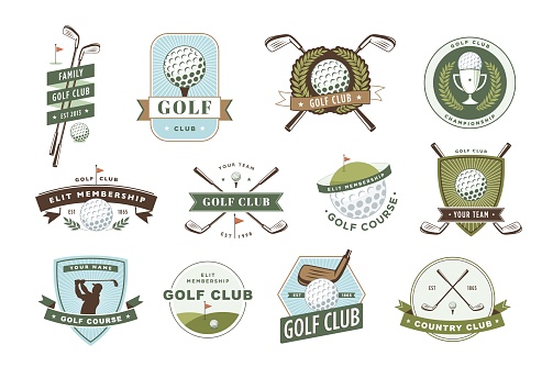 Golf emblem. Club and ball sport game tournament label, course badge and cup hole with pin flagstick vector illustration set of competition and club emblem