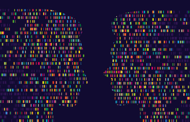 Human genome map. Dna test sequence barcoding, big data chart in male and female silhouette. Gender comparison vector concept background illustration Human genome map. Dna test sequence barcoding, big data chart in male and female silhouette. Gender comparison vector concept background illustration of human medical research human genome map stock illustrations