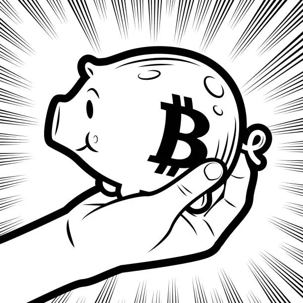 Vector illustration of A human hand holding a piggy bank with a Cryptocurrency symbol in the background with radial manga speed lines