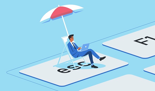 Man in suit working on laptop on Escape key. Vacation, quit, freedom concept. Vector illustration.