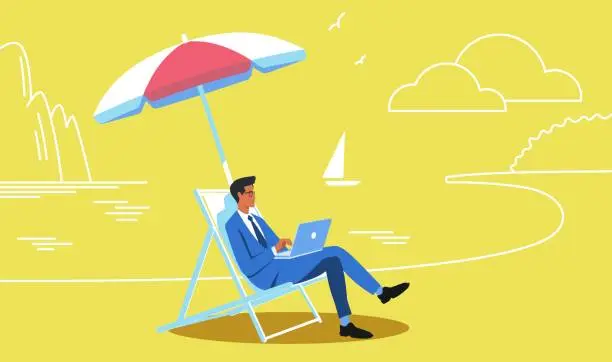 Vector illustration of Man in suit working on laptop at the beach vector illustration