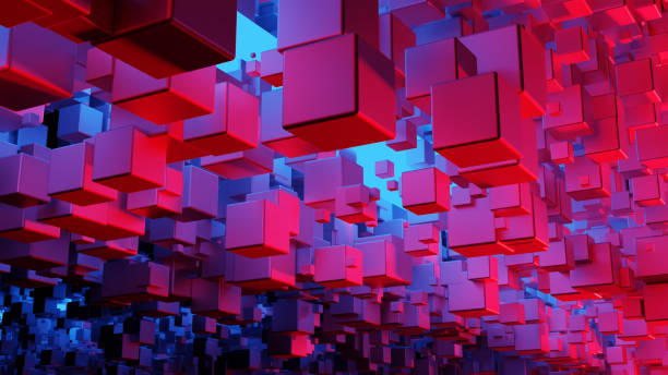 istock Illuminated cubes with blue red light on a platform on a black background. A lot of cubes with reflective walls. 3d render 1491120858