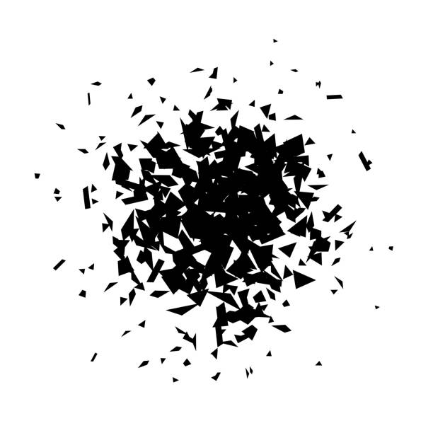 ilustraciones, imágenes clip art, dibujos animados e iconos de stock de escombros y rompe la forma radial. manchas, motas y partículas rotas y destrozadas. las piezas negras explotan y explotan. elemento texturizado vectorial - exploding breaking impact glass