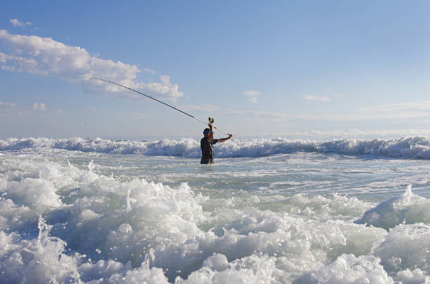 Surf fishing Fisherman into the waves sea fishing stock pictures, royalty-free photos & images