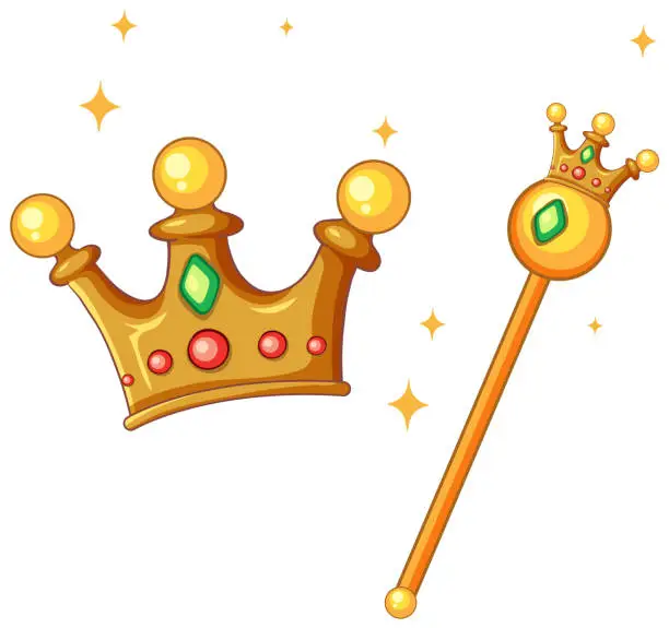 Vector illustration of Set of monarchy crown and sceptre