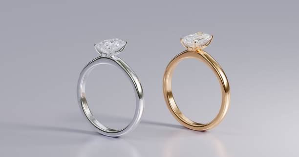 istock Platinum and gold ring with square diamonds on white background from design with 3d render. 1491130597