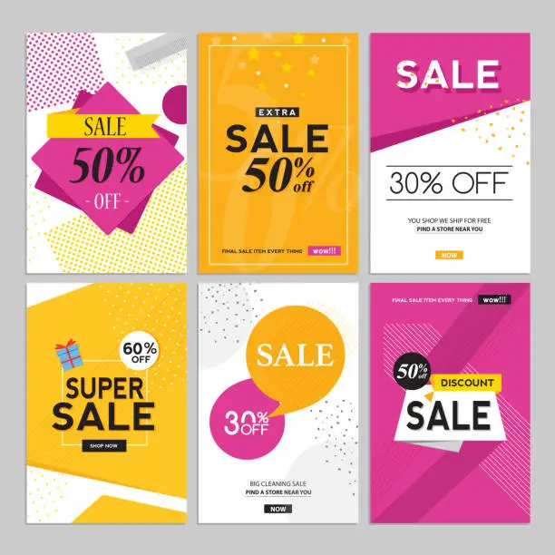 Vector illustration of Modern pink and yellow sales brochure set. Advertise sales and discounts on various merchandise. Vector