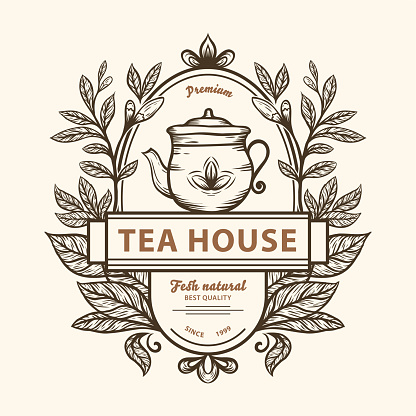 Hand drawn tea design with tea leaves and teapot illustration on vintage emblem stamp