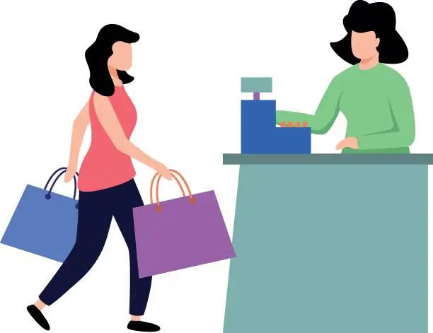 Vector illustration of Girl stands at cash counter with shopping bags.