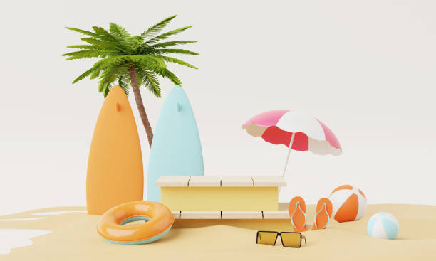 istock Summer vacation beach abstract background concept, Minimal Realistic Display Podium for Product mock-up or Cosmetics with summer theme, beach umbrella, sand, chairs, inflatable ring. 3d rendering 1491141093