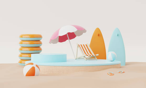 istock Summer vacation beach abstract background concept, Minimal Realistic Display Podium for Product mock-up or Cosmetics with summer theme, beach umbrella, sand, chairs, inflatable ring. 3d rendering 1491141094