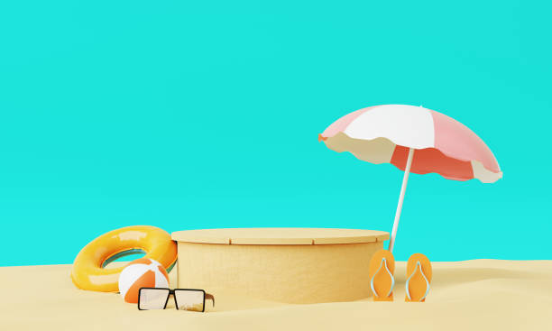 istock Summer vacation beach abstract background concept, Minimal Realistic Display Podium for Product mock-up or Cosmetics with summer theme, beach umbrella, sand, chairs, inflatable ring. 3d rendering 1491141115