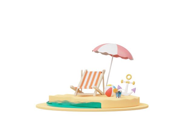istock Summer elements 3d icon clipart island isolated on white background, Minimal Realistic objects for mock-up with summer theme, beach umbrella, sand, inflatable ring, vacation time to travel. 1491141120
