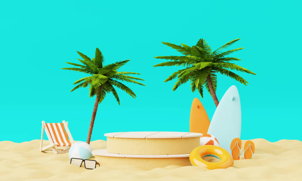 istock Summer vacation beach abstract background concept, Minimal Realistic Display Podium for Product mock-up or Cosmetics with summer theme, beach umbrella, sand, chairs, inflatable ring. 3d rendering 1491141129