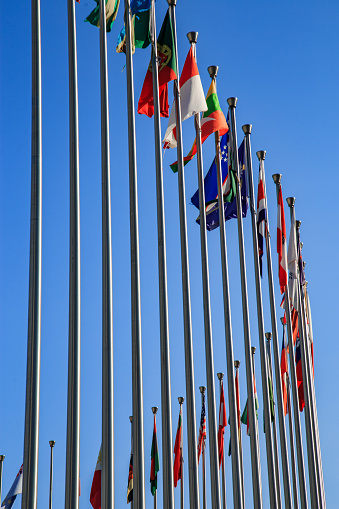 National flags at the entrance in United Nations office at Geneva, Switzerland