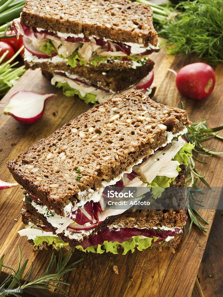 Sandwiches Chicken sandwiches with radicchio, lettuce, radish and cottage cheese. Shallow dof. Appetizer Stock Photo