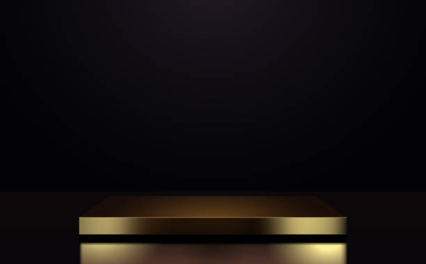 istock Gold podium pedestal stand product display on black background. Vector illustration 1491147928