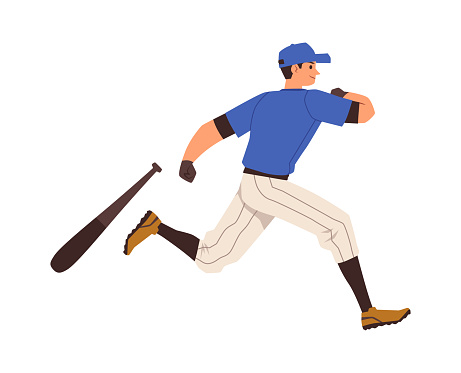 Baseball batter player running to base after hitting a ball, flat vector illustration isolated on white background. Baseball or softball game strike moment.