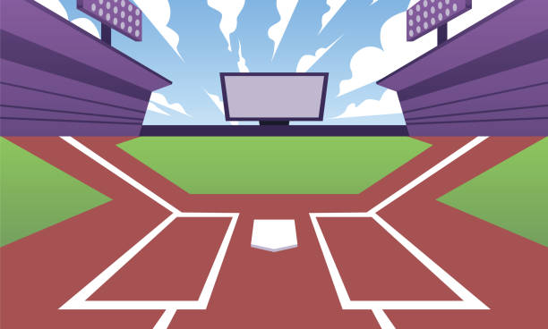 illustrazioni stock, clip art, cartoni animati e icone di tendenza di campo da baseball vuoto con tabellone segnapunti e tribune, illustrazione vettoriale piatta del fumetto. - baseball base baseball diamond field