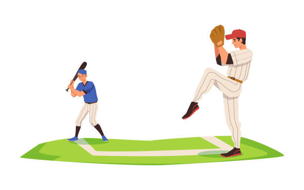 junge männer, die baseball spielen, pitcher, der ball zum schlagmann wirft, flache vektorillustration isoliert auf weißem hintergrund. - baseball und softball nachwuchsliga stock-grafiken, -clipart, -cartoons und -symbole