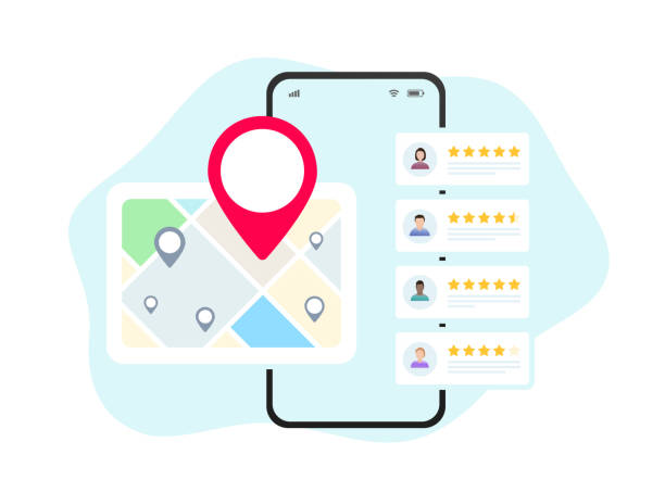 local seo for small businesses. marketing based on customer ratings and reviews. listings with maps, red pins, and star ratings for nearby places - google stock illustrations